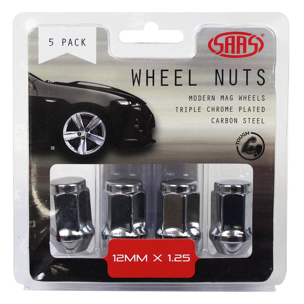SAAS Chrome Flat Head Bulge Wheel Nuts – M12 x 1.25 RH - 35mm - 5 Pack