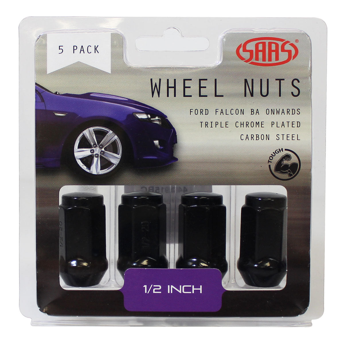 SAAS Black Flat Head Bulge Wheel Nuts – 1/2"-20 RH - 40mm - 5 Pack