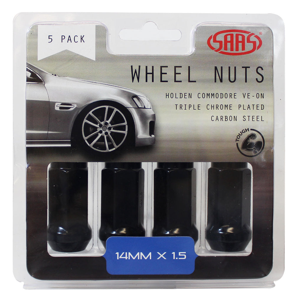 SAAS Black Flat Head Bulge Wheel Nuts – M14 x 1.5 RH - 45mm - 5 Pack