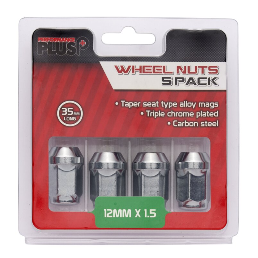 Performance Plus Chrome Flat Head Bulge Wheel Nuts – M12 x 1.5 RH - 35mm - 5 Pack