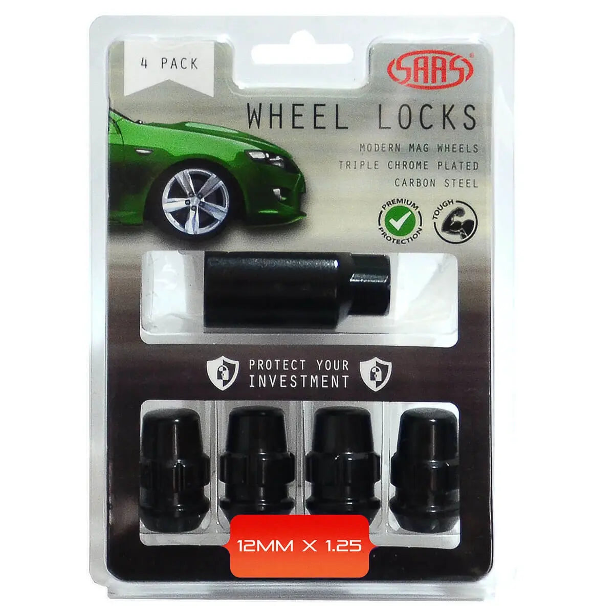SAAS Black Lock Wheel Nuts - Splined Acorn Bulge – M12 x 1.25 RH  4 Pack