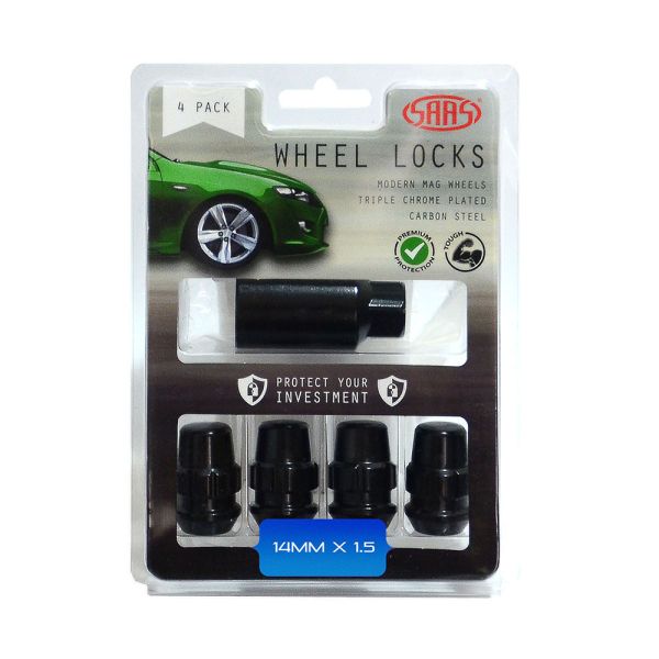 SAAS Black Lock Wheel Nuts - Splined Acorn Bulge – M14 x 1.5 RH - 4 Pack